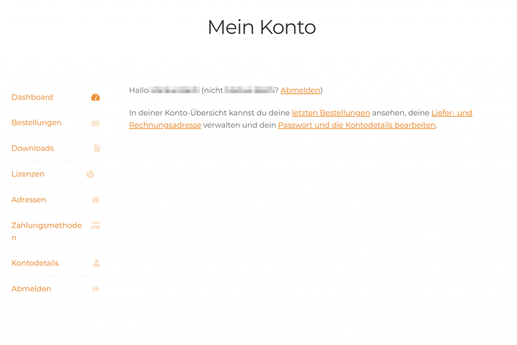 Bildschirmausdruck von Mein Konto Seite Shop