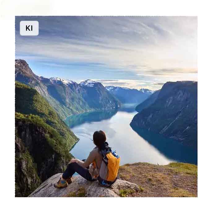 Norwegen Fjordblick Bild mit KI Badges