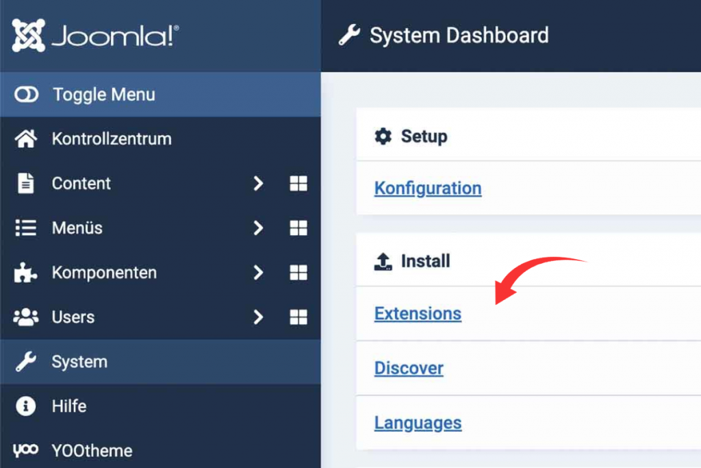 Bildschirmausdruck Joomla Backend mit Kennzeichnung Install - Extensions