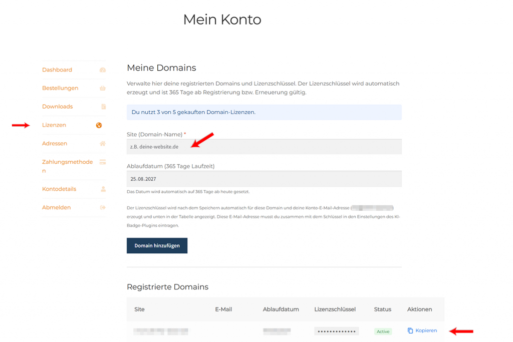 Bildschirmausdruck Mein Konto Seite - Link Lizenzen mit Kennzeichnung der auszufüllenden Felder