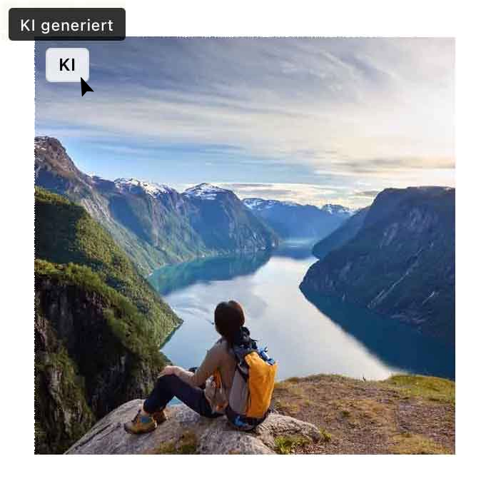 Norwegen Fjordblick Bild mit KI Badges und Tooltipp