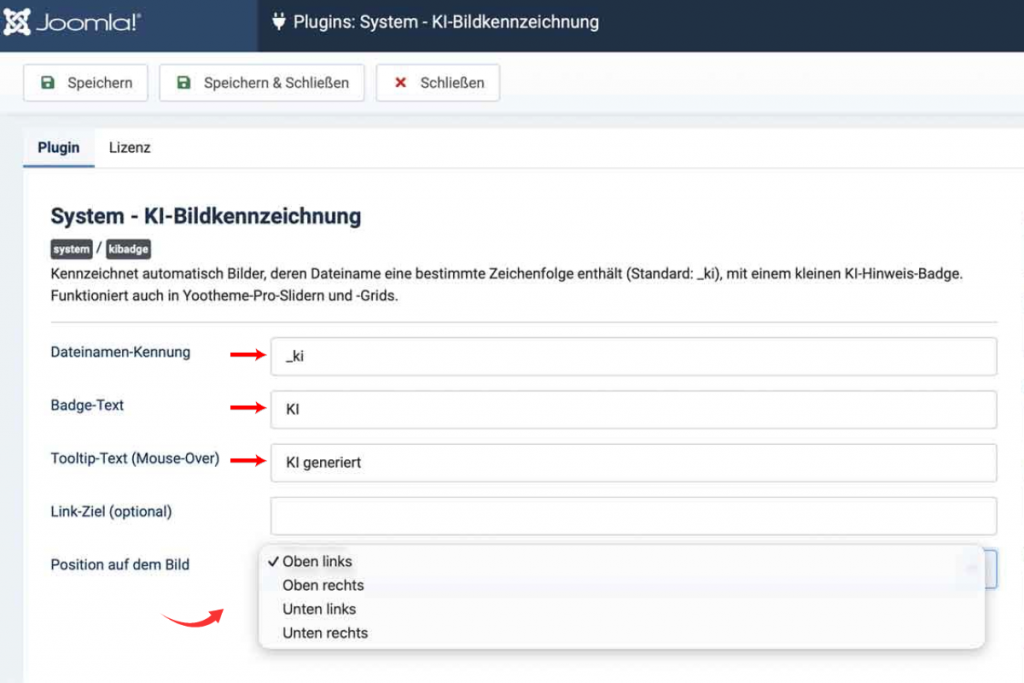 Bildschirmausdruck Joomla Backend mit Kennzeichnung Konfigurationsmöglichkeiten des Plugins