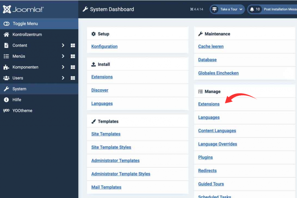 Bildschirmausdruck Joomla Backend mit Kennzeichnung Manage Extensions