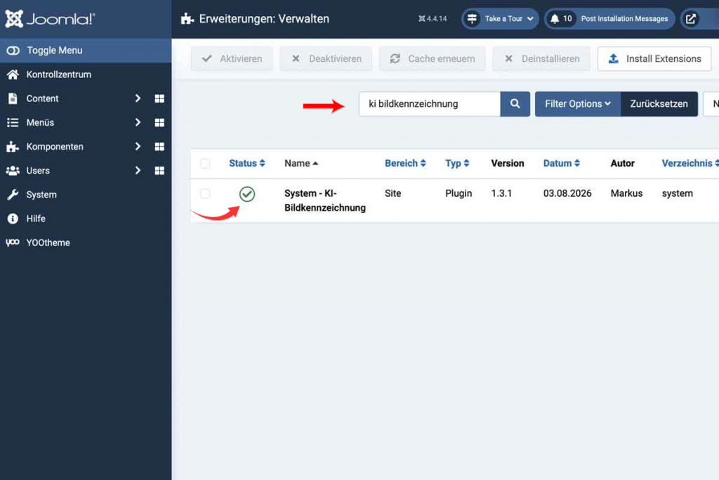 Bildschirmausdruck Joomla Backend Suche und Aktivierung Plugin