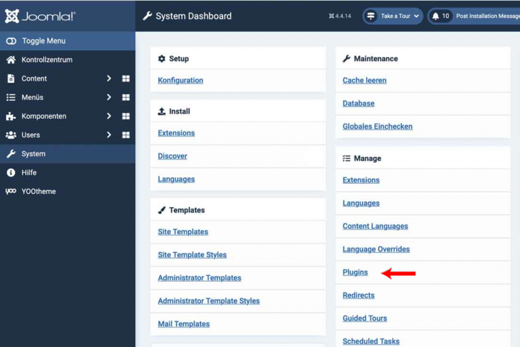 Bildschirmausdruck Joomla Backend mit Kennzeichnung Manage Plugins
